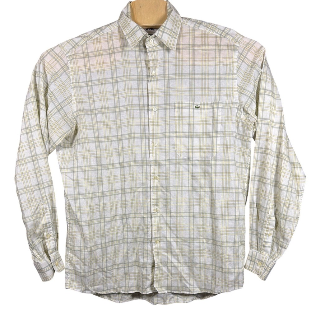 Lacoste Linen Shirt Mens 42 F5569 White Yellow Plaid Button-down Long Sleeve